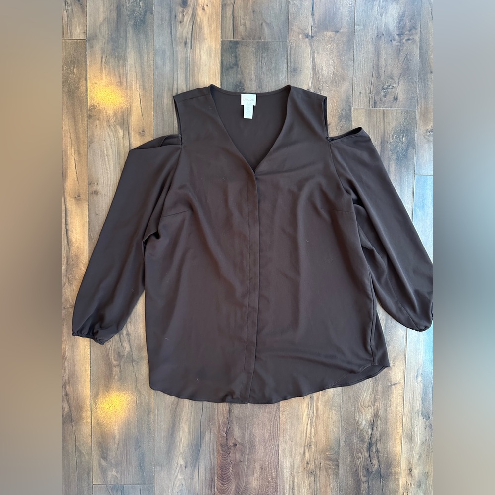 Chico’s Brown Cold Shoulder Button Front Blouse V… - image 1